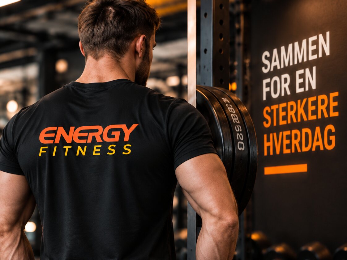 Mann i ENERGY Fitness-trøye ved vektstativet, sett bakfra